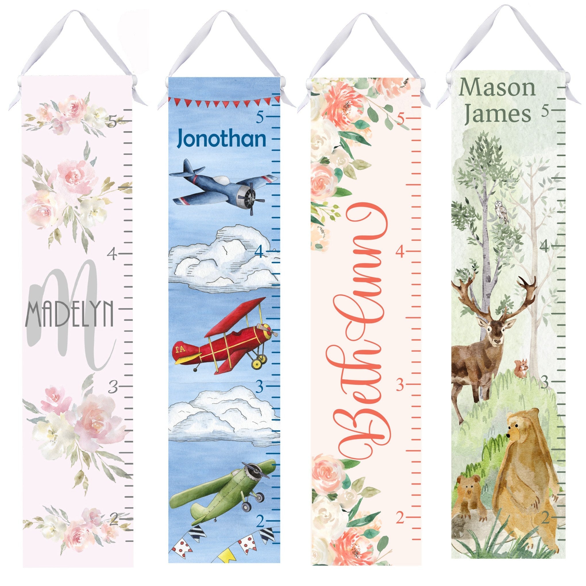 Collage of boy and girl growth charts featuring airplanes, forest animals, pink floral and coral floral designs.  These are samples of the variety available and make great new baby or toddler gifts.