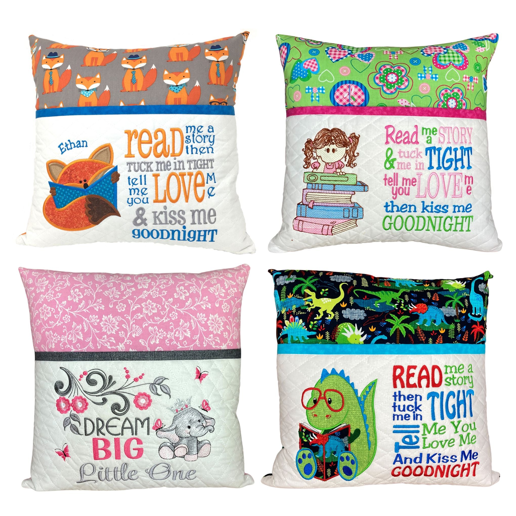 Collage of reading pillow examples for boys and girls. Great gift idea.  Pillows have an embroidered pocket on the front to hold a book, tablet or treats.