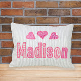 Personalized Pillow For Girls With Pink Applique Hearts And Name