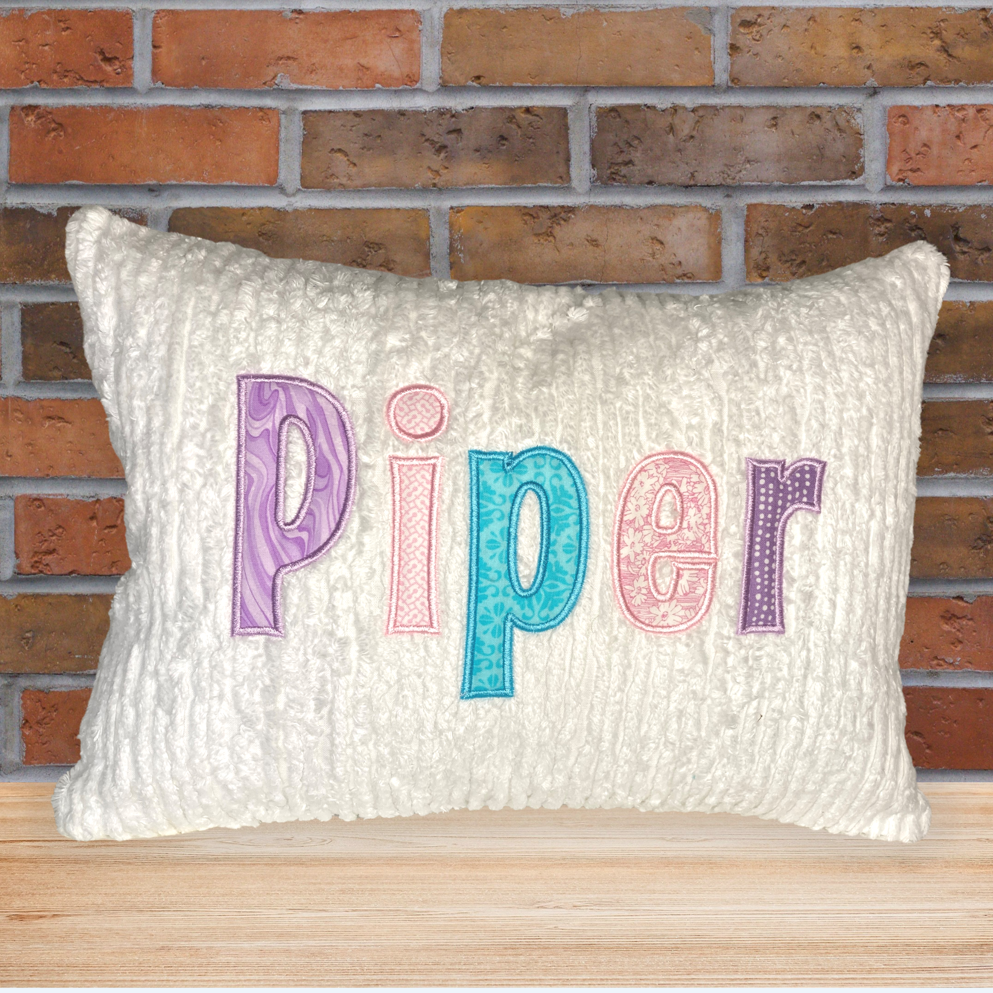 personalized name pillow for girl- multiple pastel colored applique name