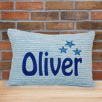 Blue chenille pillow with embroidered name and stars.  Personalized gift idea