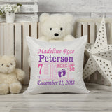 Personalized Birth Statistics Pillow - Embroidered Pink And Purple Design