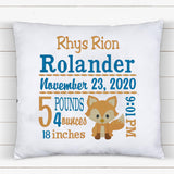 Personalized Birth Statistics Pillow - Embroidered Fox Design