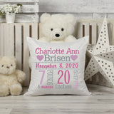 Personalized Birth Statistics Pillow - Embroidered Hearts Design