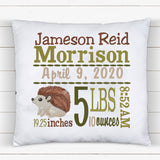 Personalized Birth Statistics Pillow - Embroidered Hedgehog Design