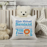 Personalized Birth Statistics Pillow - Embroidered Baby Lion Design