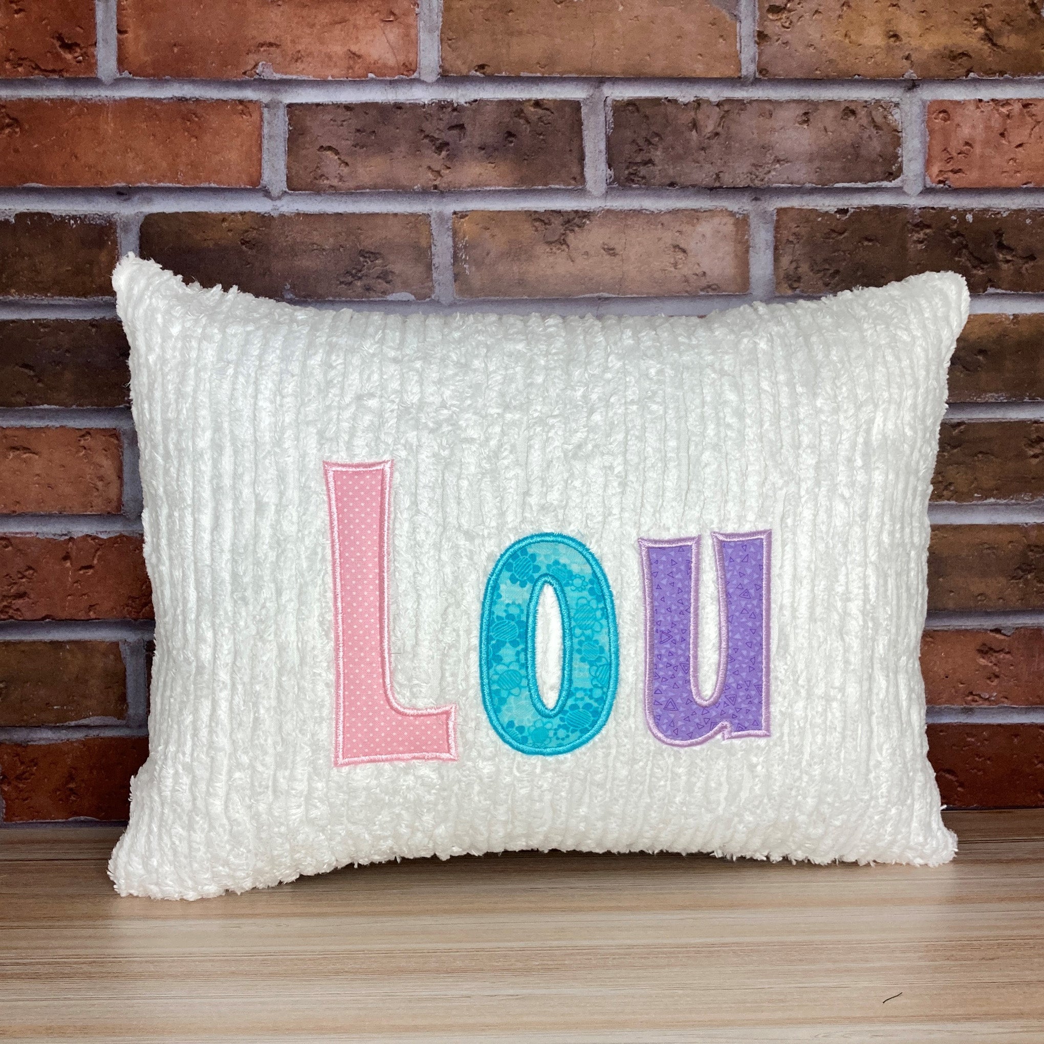 personalized name pillow for girl-  multiple pastel colored applique name