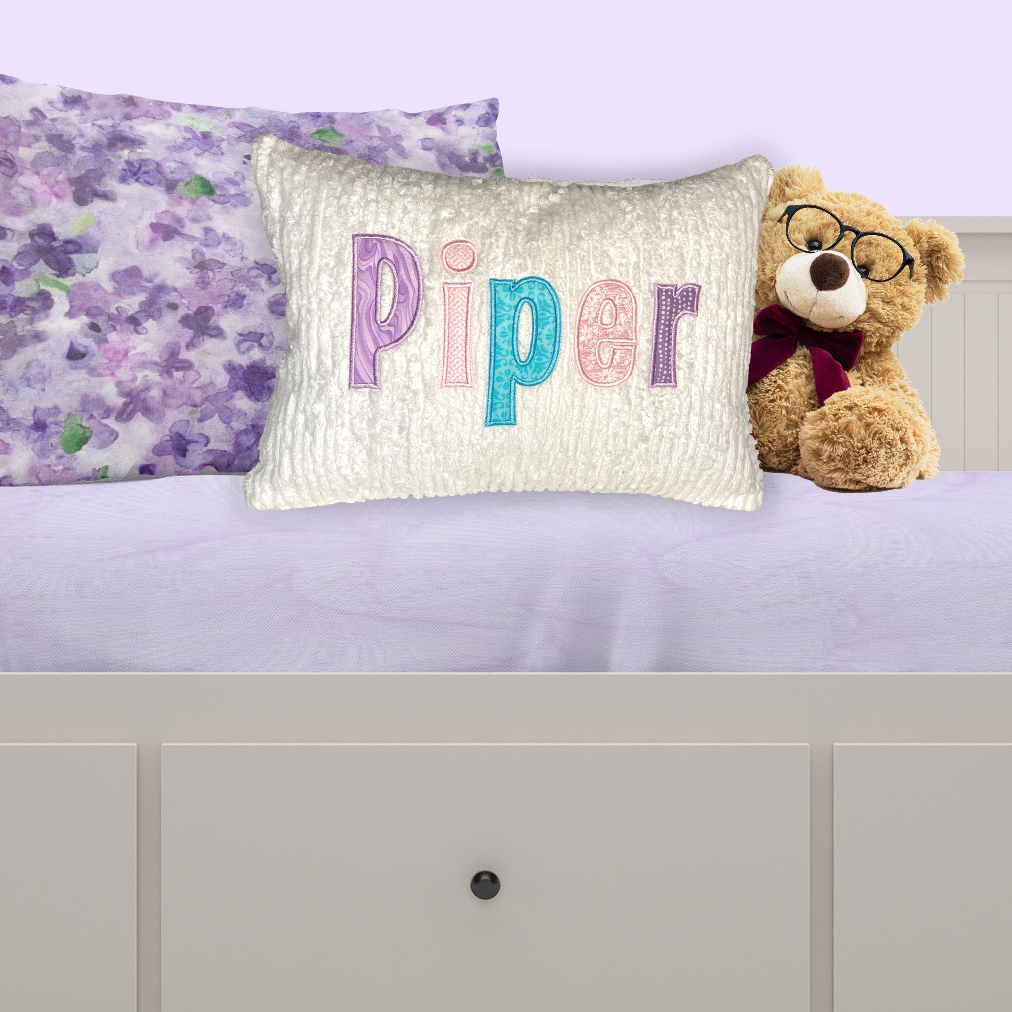 name pillow for girl- multiple pastel colored applique name