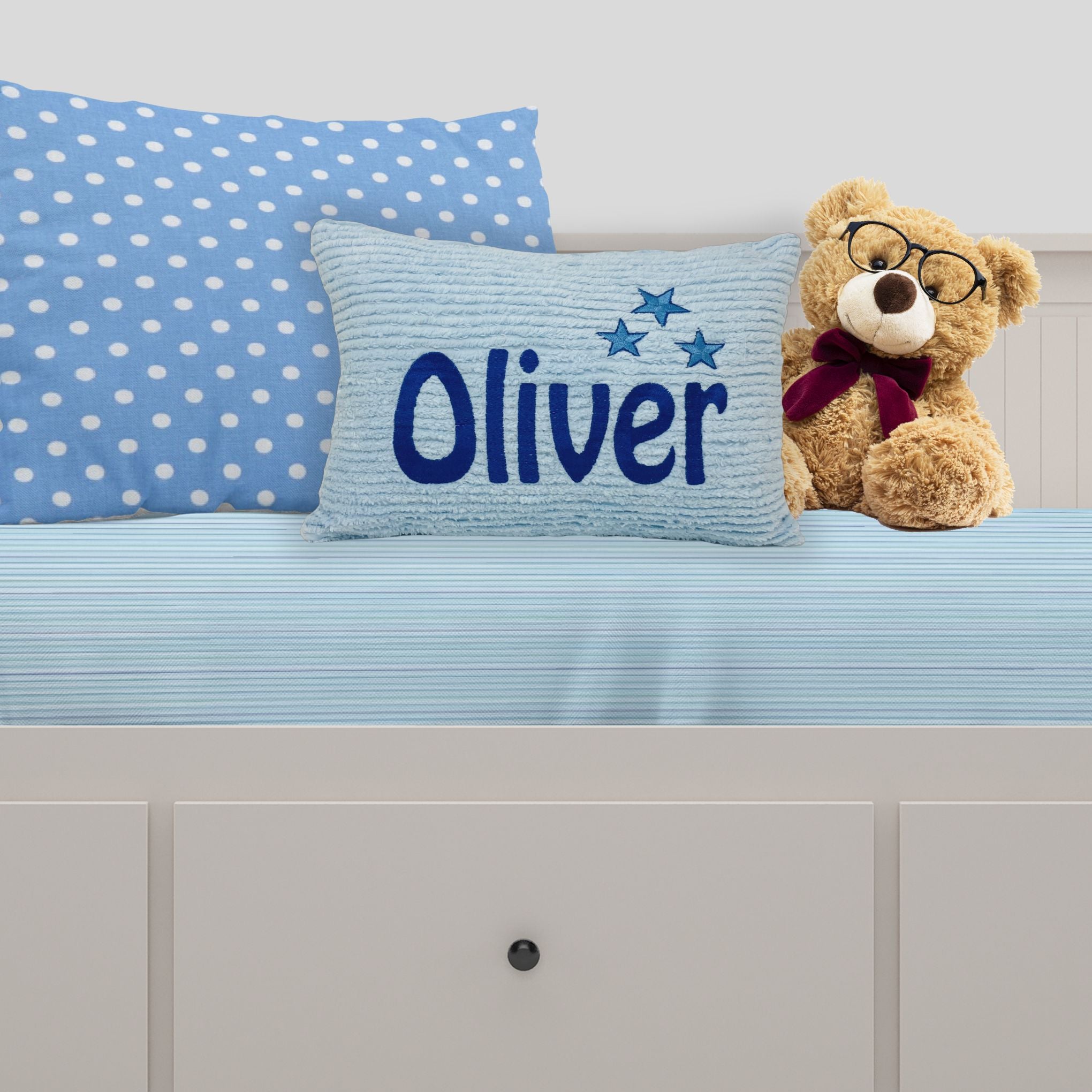 Blue embroidered name pillow, Kids love this gift