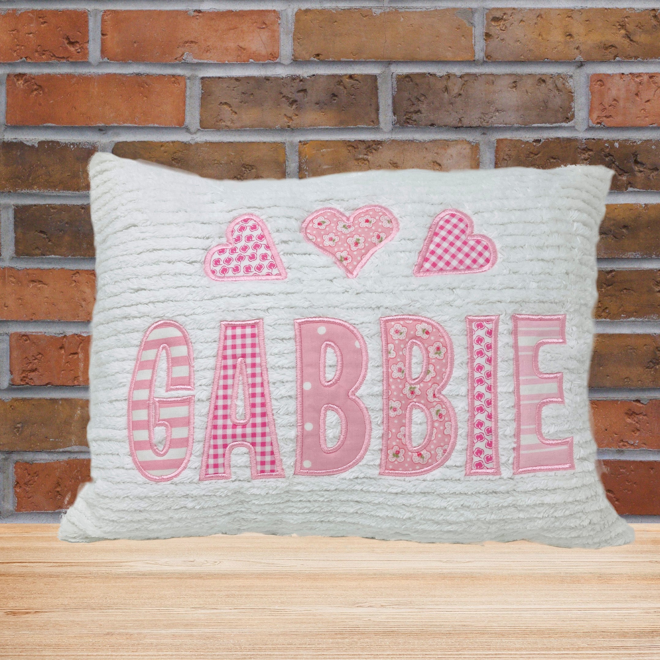 name pillow for girls, white or pink chenille fabric with light pink print fabric applique letters