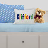 Chenille name pillow with colorful applique letters