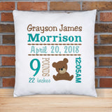 Personalized Birth Statistics Pillow - Embroidered Boy Teddy Bear Design