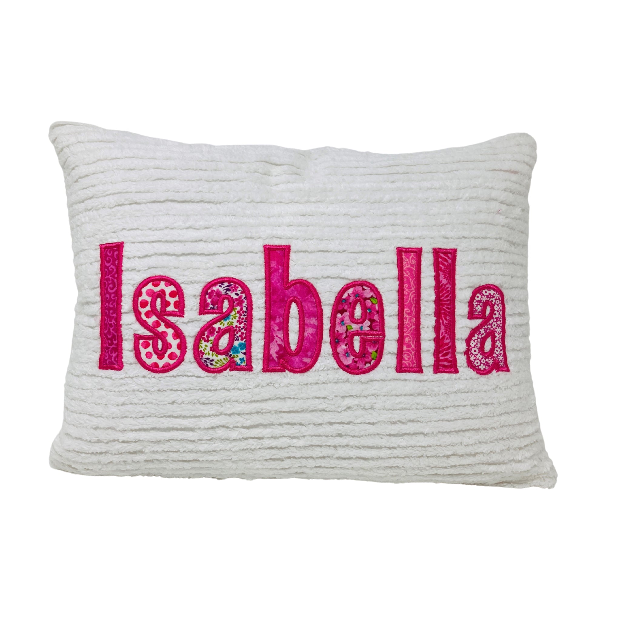 Personalized throw pillow for girls - white chenille fabrics with bright pink applique name