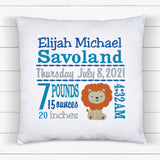 Personalized Birth Statistics Pillow - Embroidered Baby Lion Design