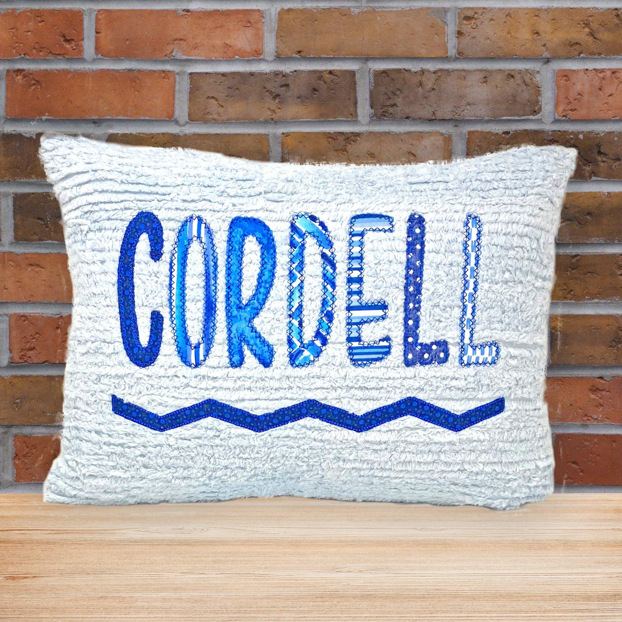 blue applique name pillow for boys