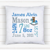 Personalized Birth Statistics Pillow - Embroidered Boy Rocking Horse Design