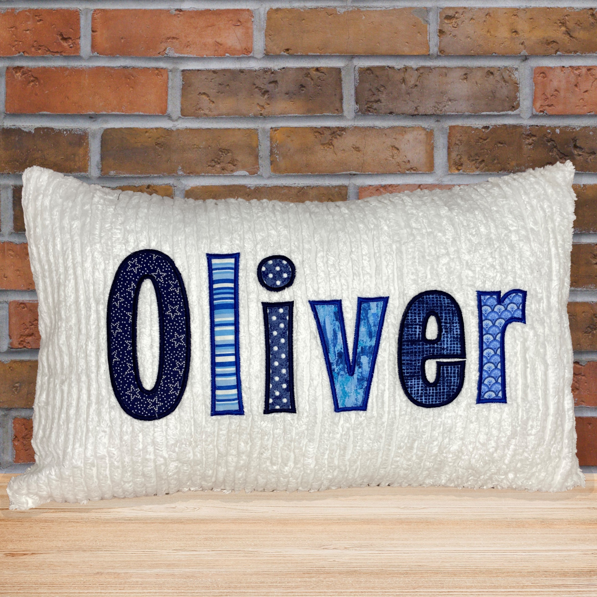 personalized name pillow for kids- navy and blue applique name