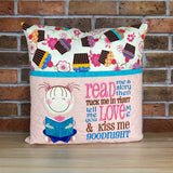 Girl Reading Pillow With Embroidered Pocket