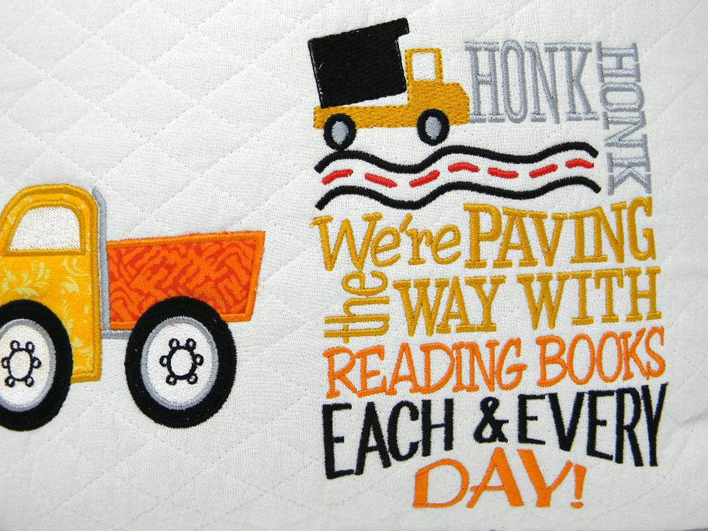 Construction reading pillow with pocket