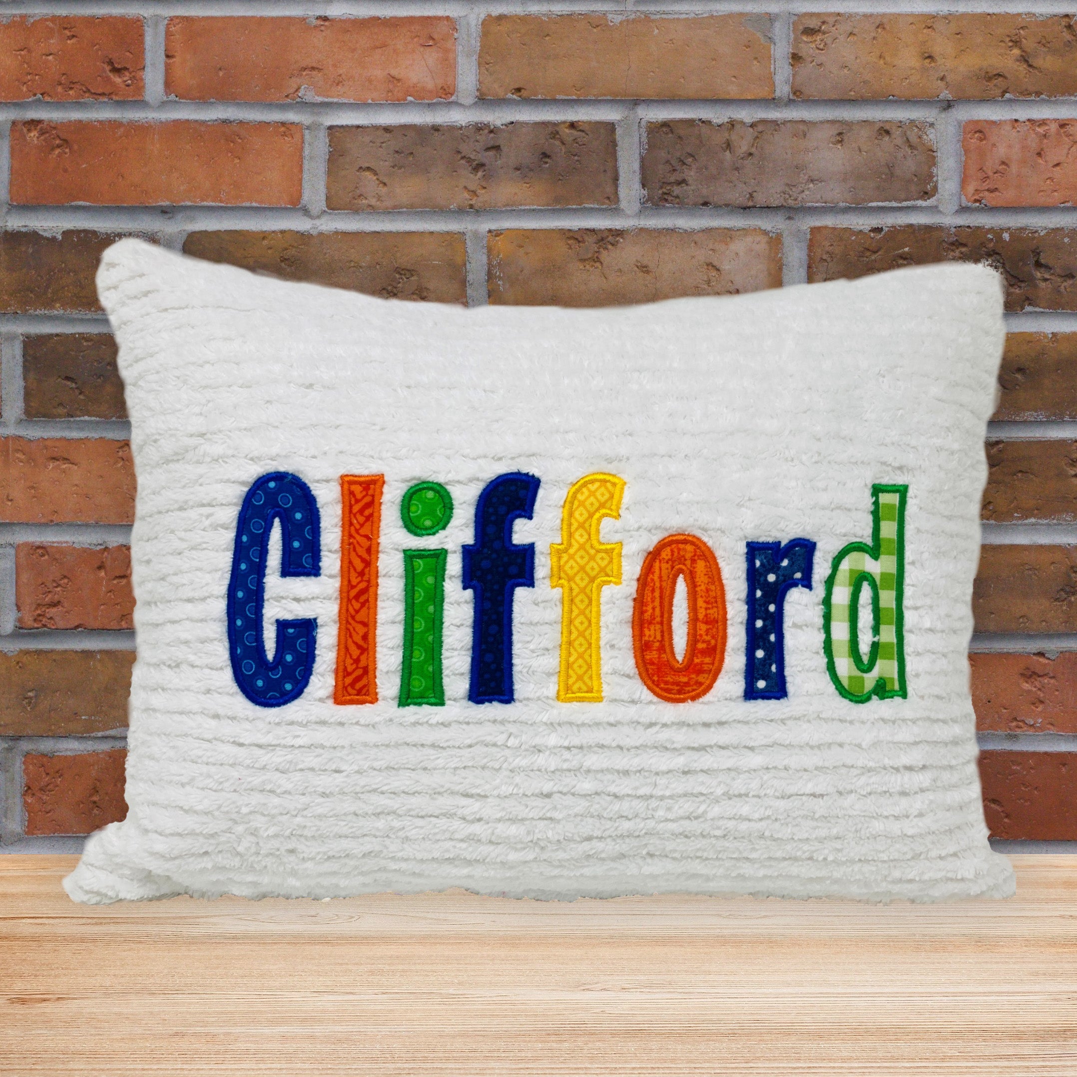 white chenille personalized pillow for kids - primary colors applique name