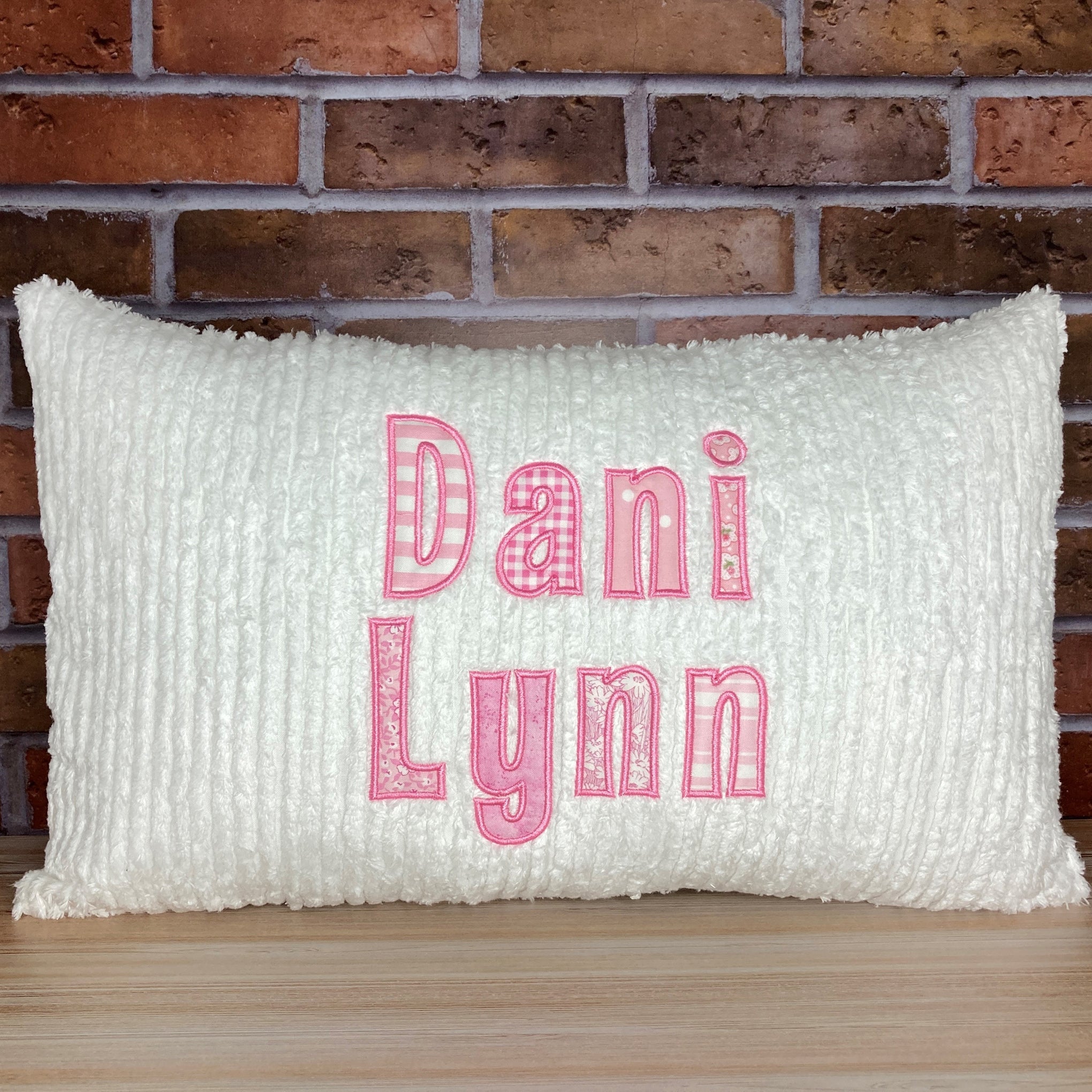 name pillow for girls, white or pink chenille fabric with light pink print fabric applique letters