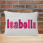 Personalized throw pillow for girls - white chenille fabric with bright pink applique name