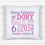 Personalized Birth Statistics Pillow - Embroidered Pink And Purple Design