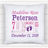 Personalized Birth Statistics Pillow - Embroidered Pink And Purple Design