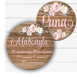 Birth Stat Sign - Pink Floral on Wood Background