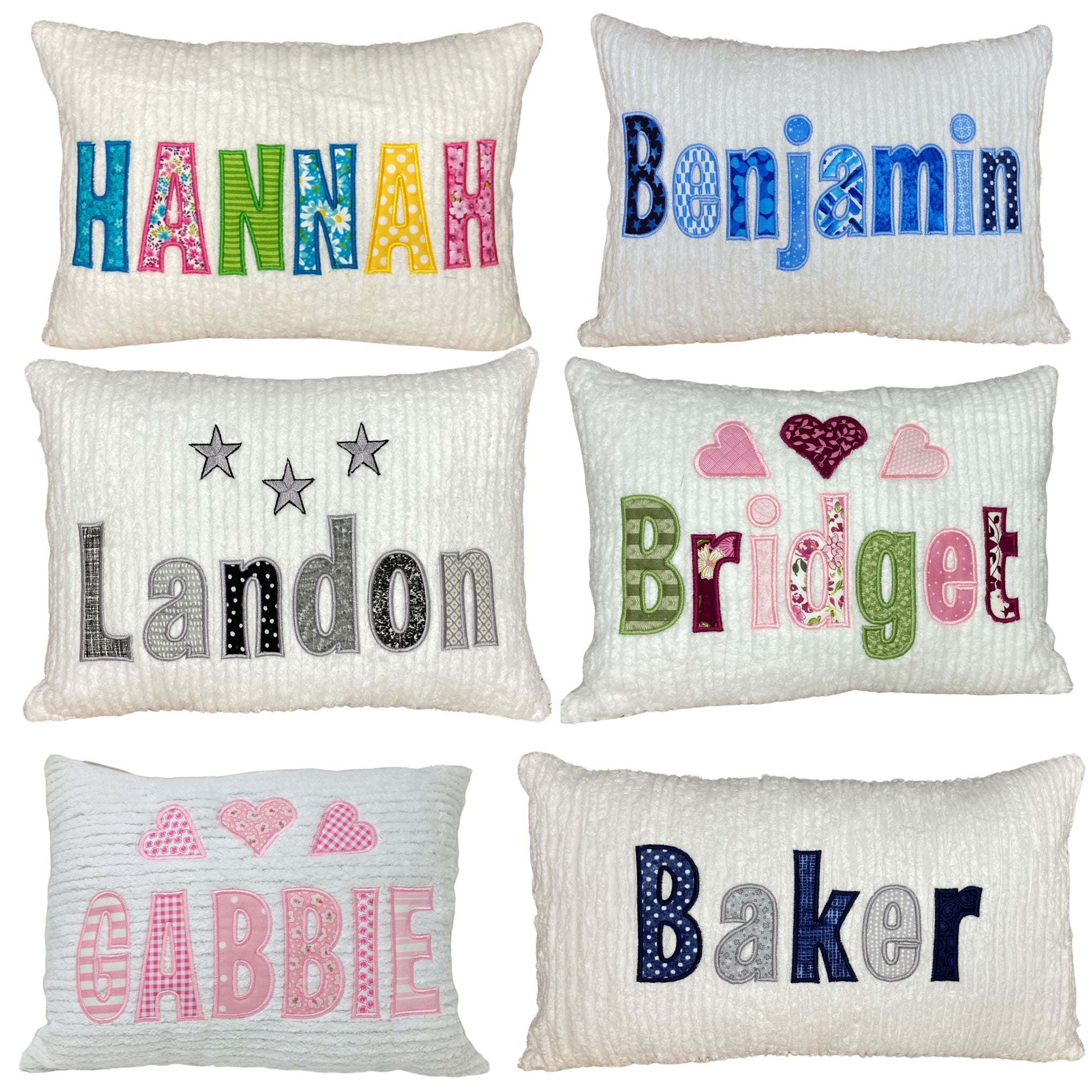 Personalized pillows for new baby, kids, dorm rooms and more.  Great gift idea.  collage of boy and girl sample pillows