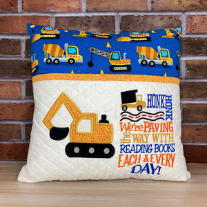 Construction Reading Pillow With Pocket - Blue Design