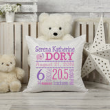 Personalized Birth Statistics Pillow - Embroidered Pink And Purple Design