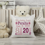 Personalized Birth Statistics Pillow - Embroidered Flowers Design