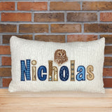 Personalized Pillow for Boys - Blue and Brown Name Applique With Owl