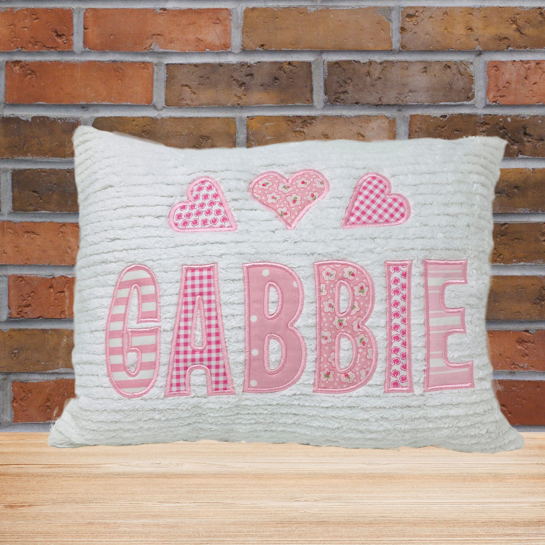 name pillow for girls, white or pink chenille fabric with light pink print fabric applique letters