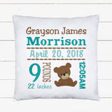 Personalized Birth Statistics Pillow - Embroidered Boy Teddy Bear Design