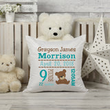 Personalized Birth Statistics Pillow - Embroidered Boy Teddy Bear Design