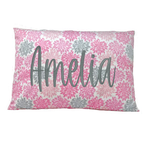 Personalized  Pink and Gray Floral Throw Pillow for Girl