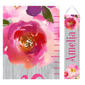 Personalized Growth Chart - Gray Wood and Pink Floral Design