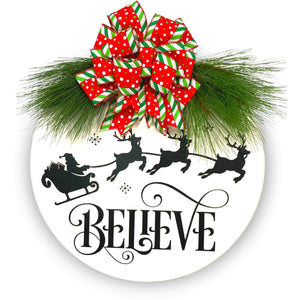 Christmas Round Wood Door Wreath - Believe With Sleigh