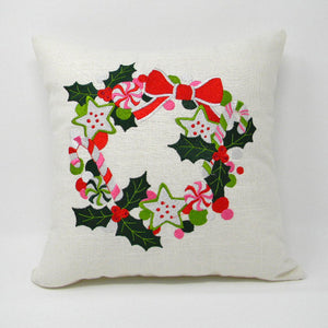 Embroidered Christmas Candy Wreath Pillow