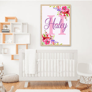 Personalized Pink Floral Initial And Name Wall Decor