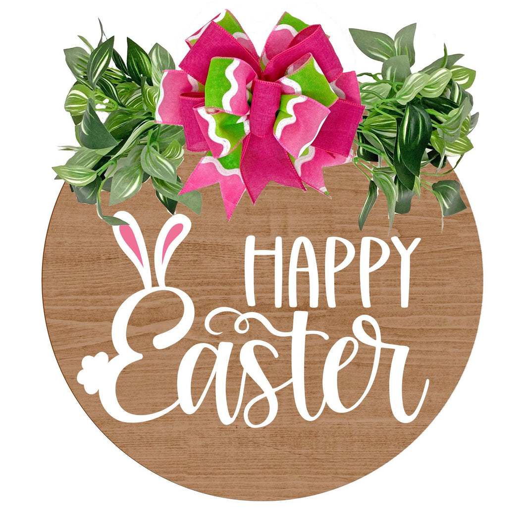 stained wood wreath with happy Easter. pink and green bow with greenery.  Bunny ears and cotton tail on Easter. 18 inches round solid wood