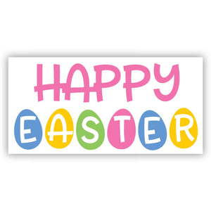 painted solid wood Happy Easter sign. pastel colors with Easter egss. measures 4.5 by 9 inches.