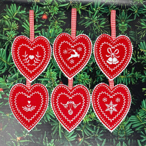 Handmade Red Heart Embroidered Christmas Ornaments