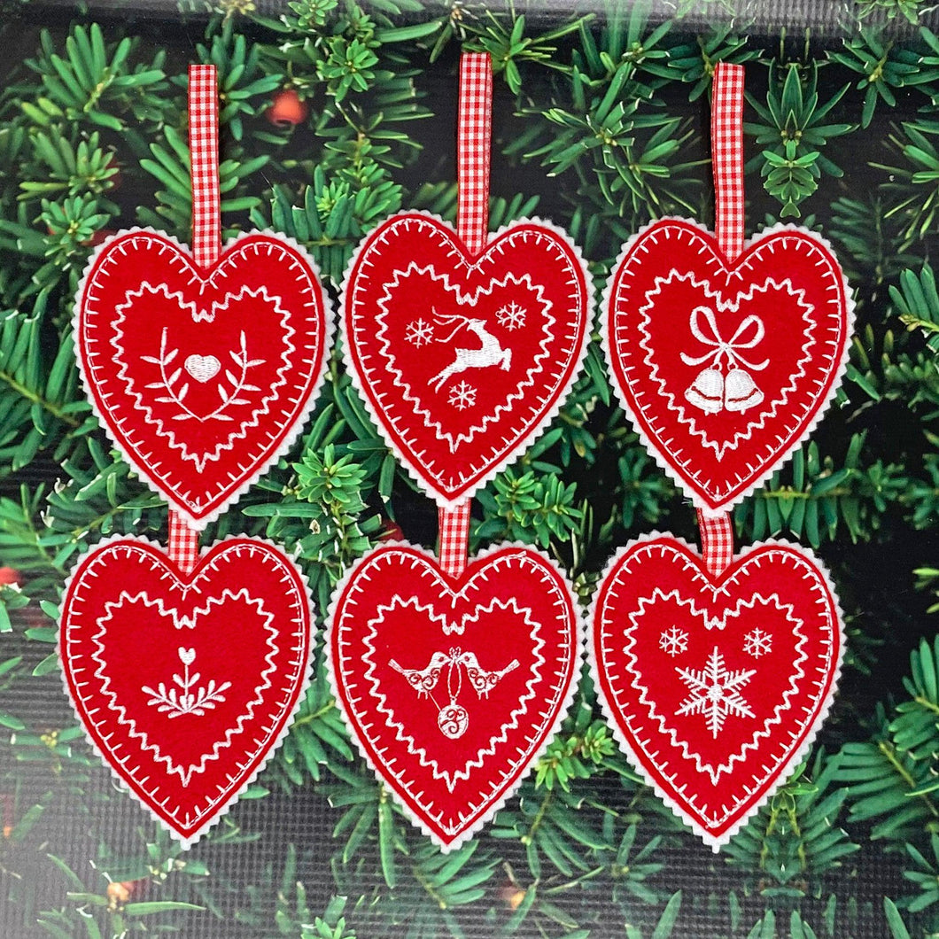 Handmade Red Heart Embroidered Christmas Ornaments