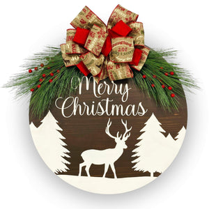 Merry Christmas Round Wood Door Hanger - Outdoor Scene With Moose