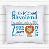 Personalized Birth Statistics Pillow - Embroidered Baby Lion Design