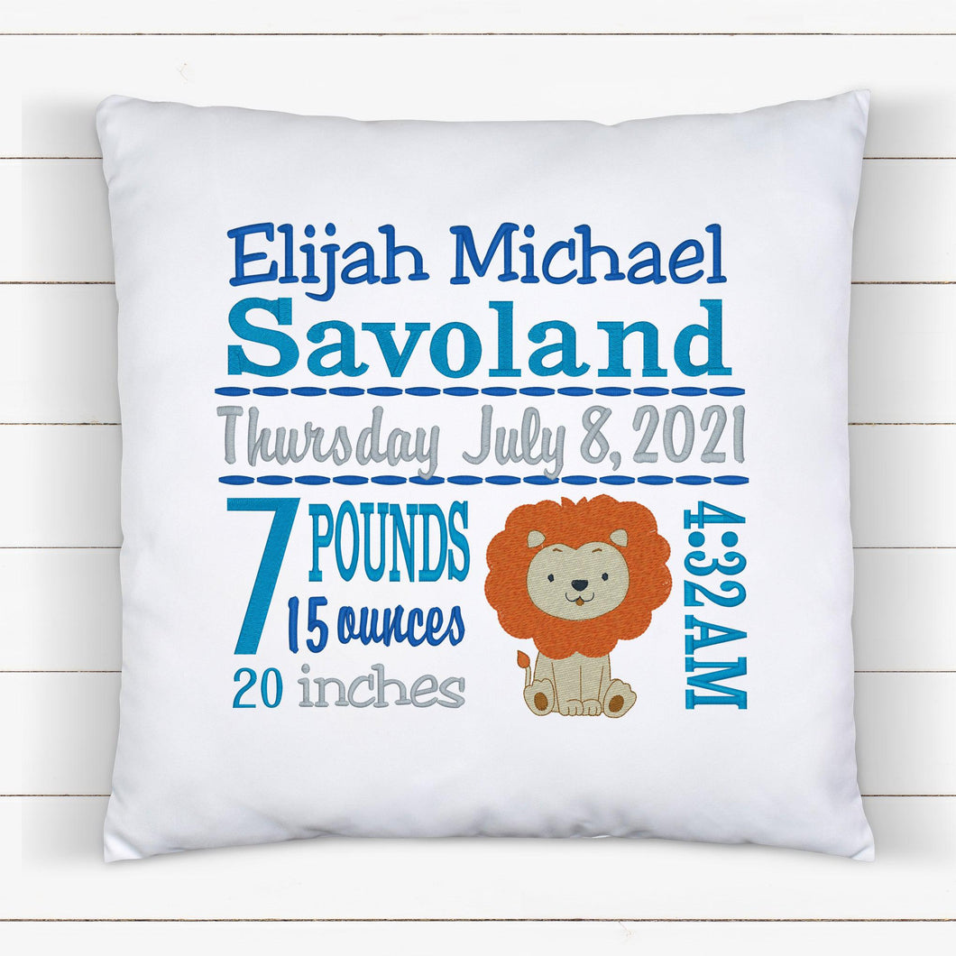 Personalized Birth Statistics Pillow - Embroidered Baby Lion Design