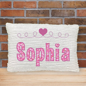 Chenille name pillow for girl, pink applique with heart